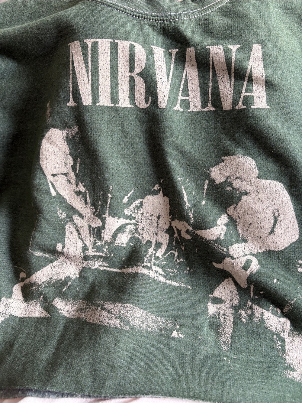 NIRVANA Green Cropped Sweatshirt with White Band Graphic